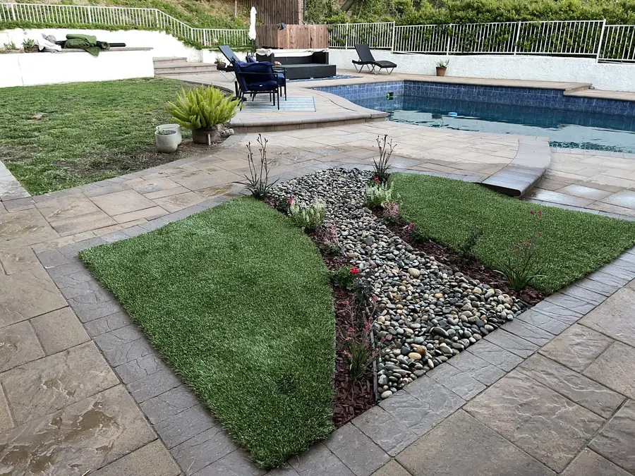 Pool Backyard Turf & River Rock completed by Daniels Landscaping in Chatsworth, CA